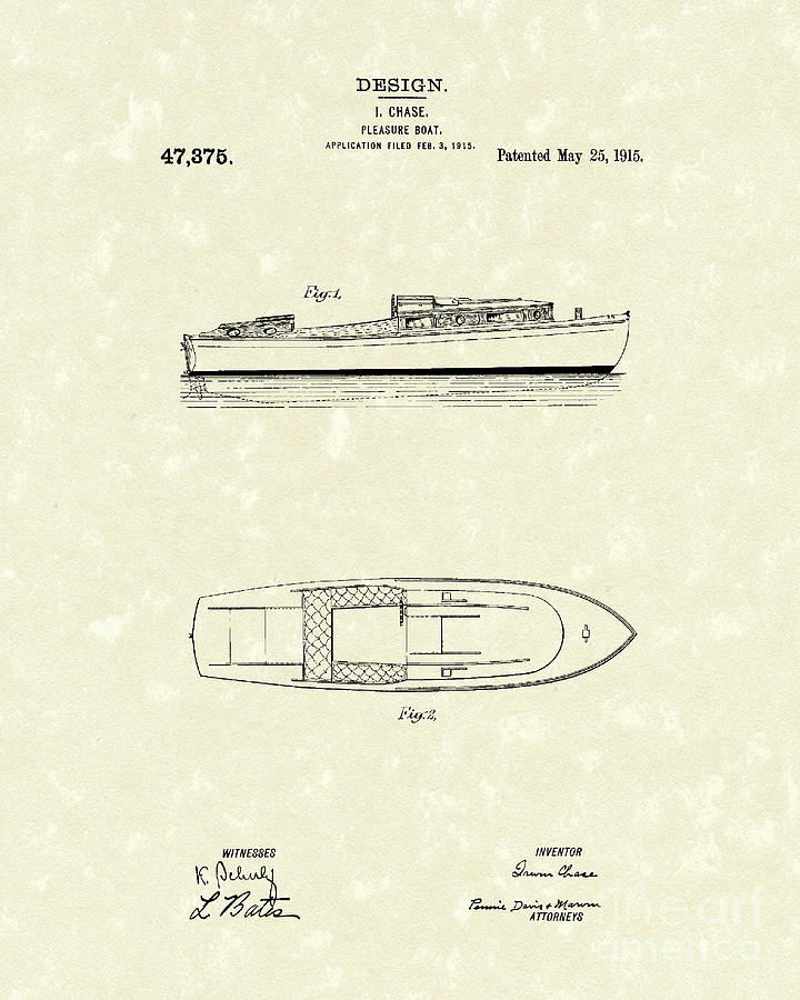 Pleasure Boat 1915 Patent Art Drawing by Prior Art Design