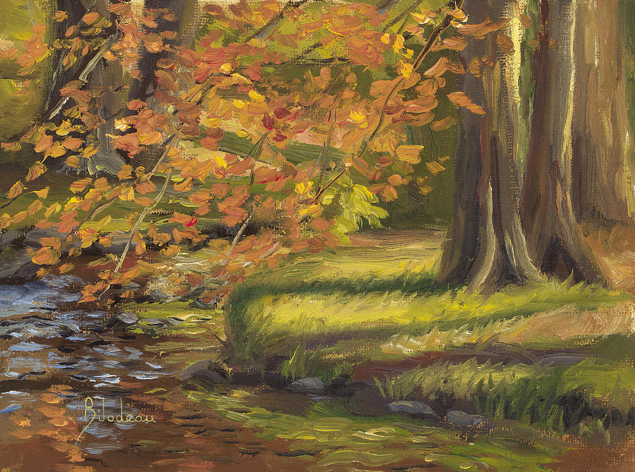 Plein Air - Trees and Stream Painting by Lucie Bilodeau