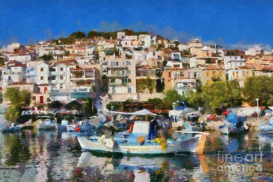 Plomari town Painting by George Atsametakis