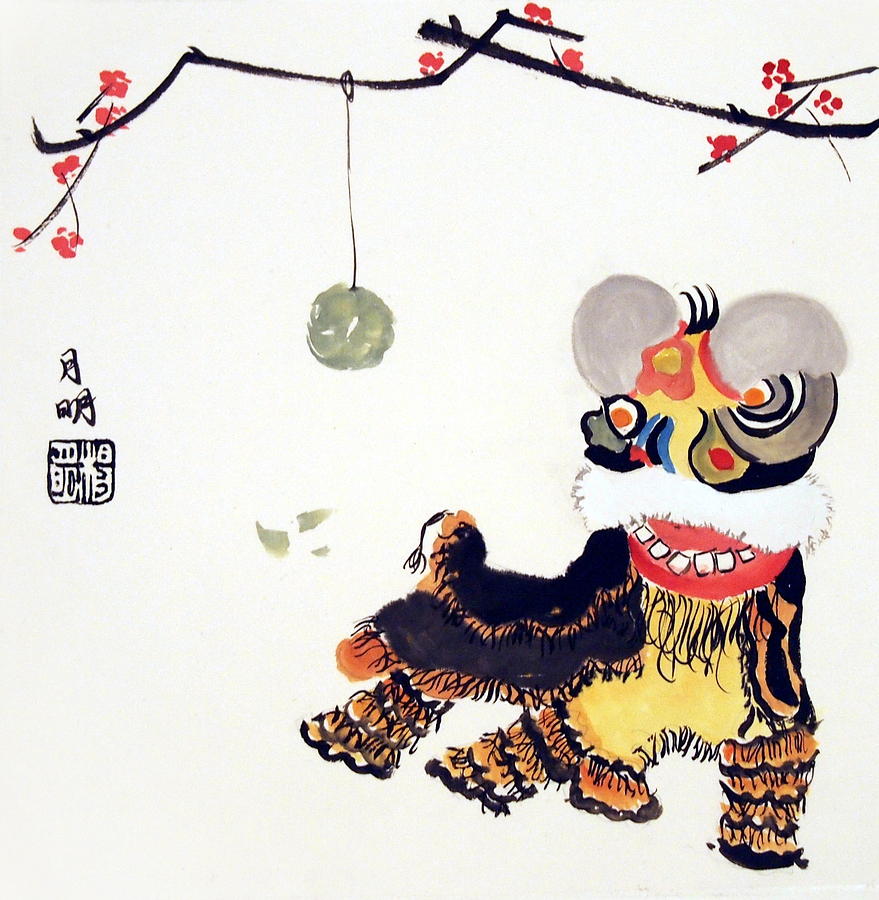 Lion Dance Painting - Plucking the green by Ming Yeung