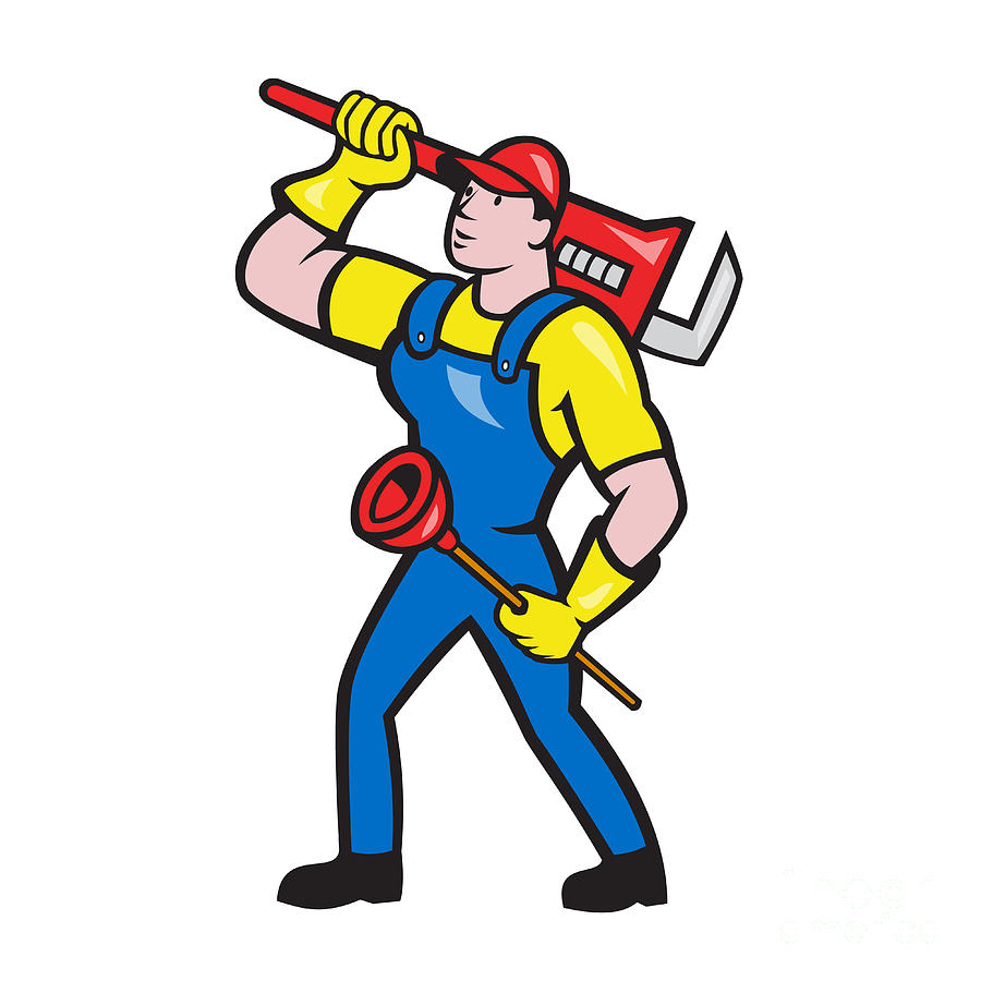 Plumber Carrying Wrench Plunger Cartoon Digital Art by Aloysius Patrimonio