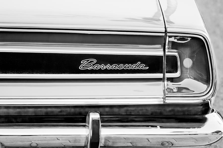 Black And White Photograph - Plymouth Barracuda Taillight Emblem -0711bw by Jill Reger