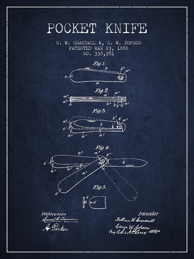 Vintage Digital Art - Pocket Knife Patent Drawing from 1886 - Navy Blue by Aged Pixel