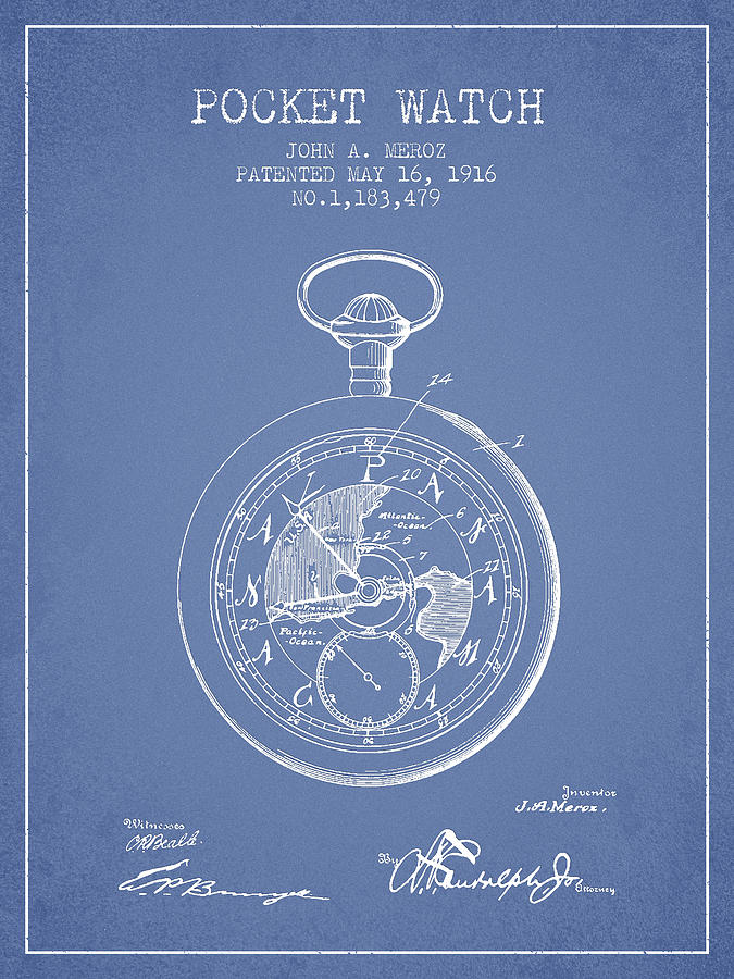 Pocket Watch Patent From 1916 - Light Blue Digital Art