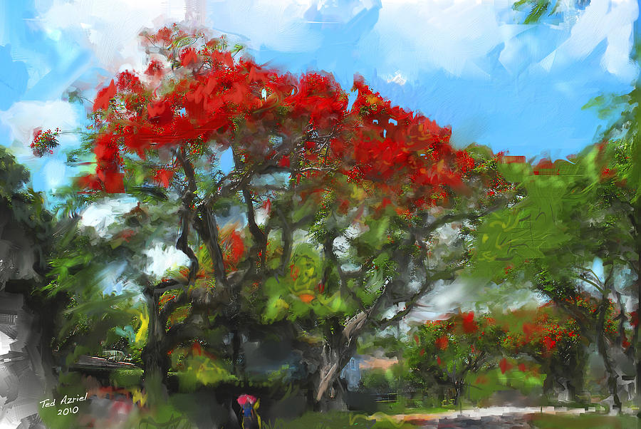Poinciana Trees of Coral Gables Painting by Ted Azriel