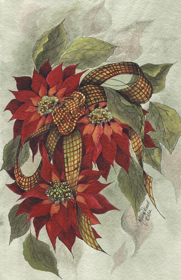 Poinsettia Painting - Poinsettia and Ribbon by Meldra Driscoll