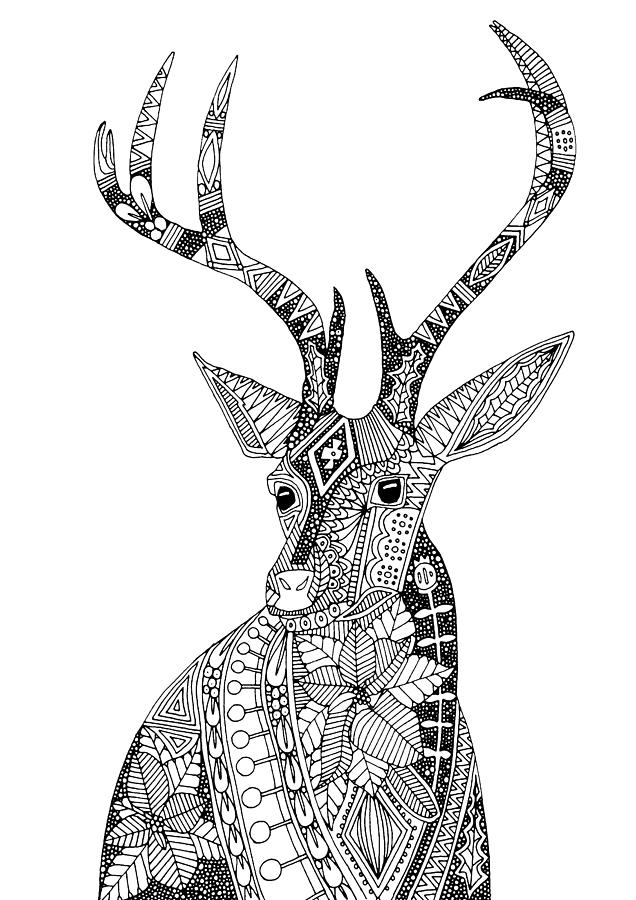 Deer Drawing - Poinsettia Deer Black White by MGL Meiklejohn Graphics Licensing