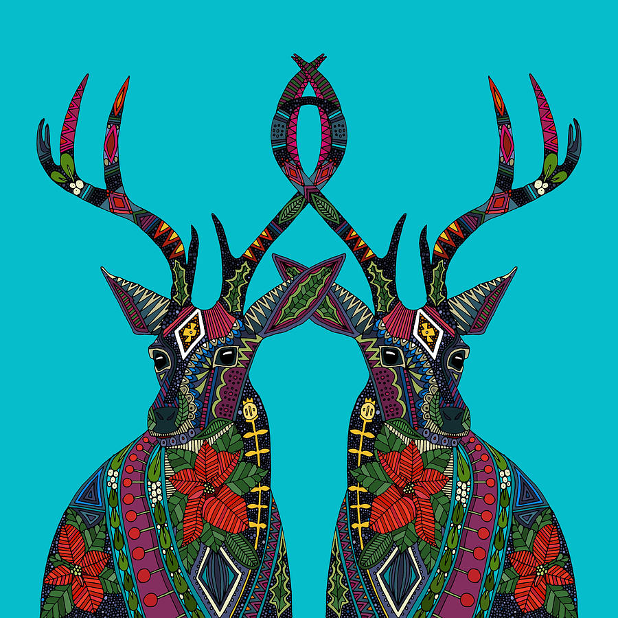 Deer Drawing - Poinsettia Deer blue by MGL Meiklejohn Graphics Licensing