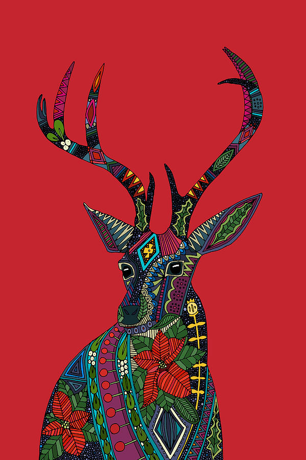 Deer Drawing - Poinsettia Deer Head Red Single by MGL Meiklejohn Graphics Licensing