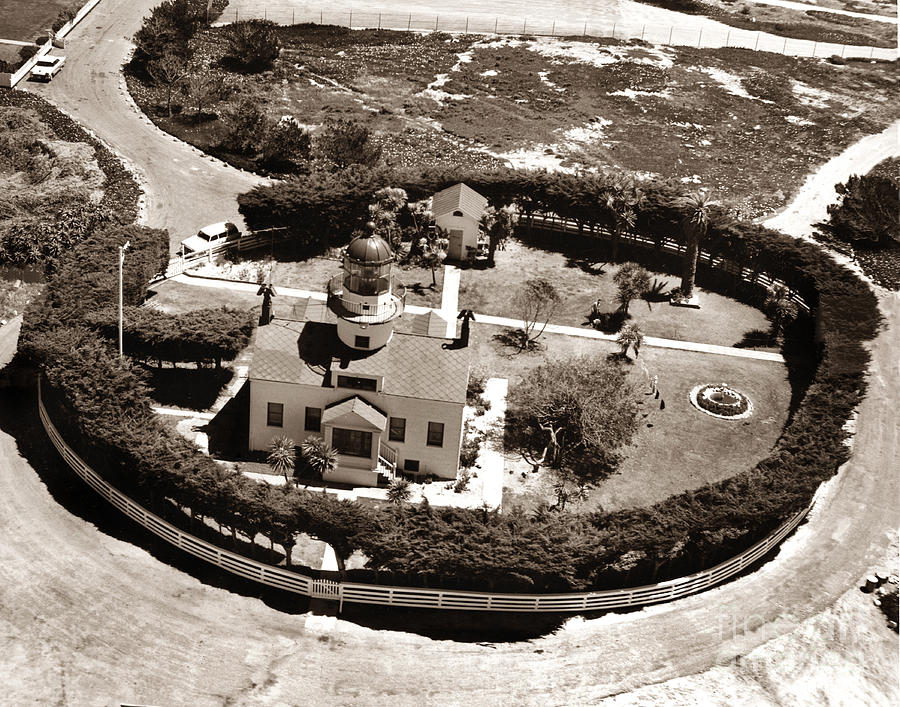 Lighthouse Photograph - Aerial of Point Pinos Lighthouse Pcific Grove Monterey Bay California 1955 by Monterey County Historical Society