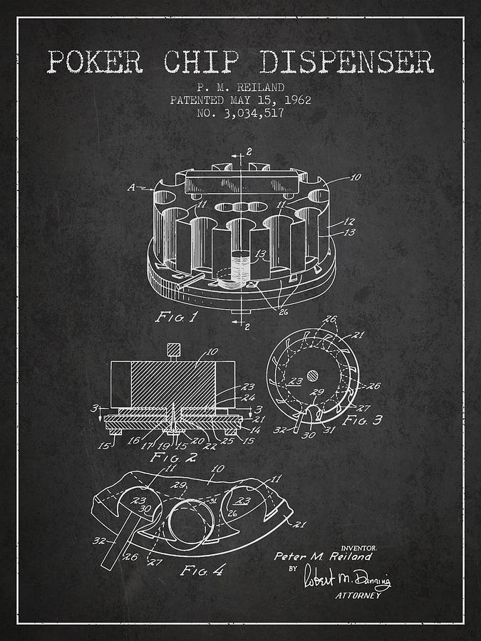 Las Vegas Digital Art - Poker Chip Dispenser Patent from 1962 - Charcoal by Aged Pixel