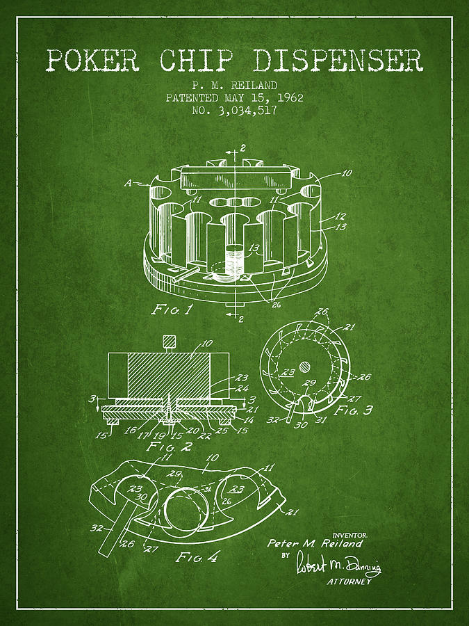 Las Vegas Digital Art - Poker Chip Dispenser Patent from 1962 - Green by Aged Pixel