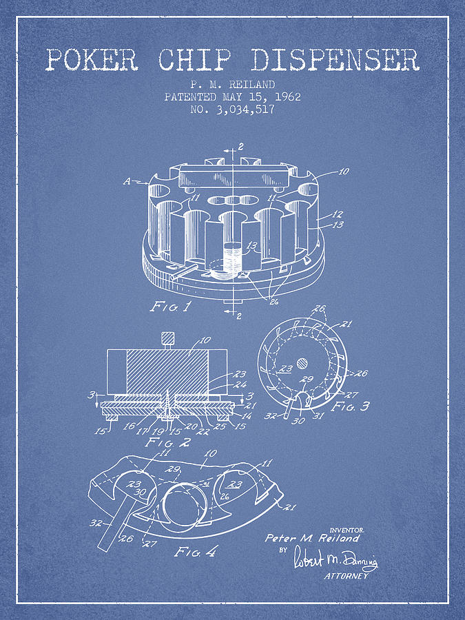 Las Vegas Digital Art - Poker Chip Dispenser Patent from 1962 - Light Blue by Aged Pixel