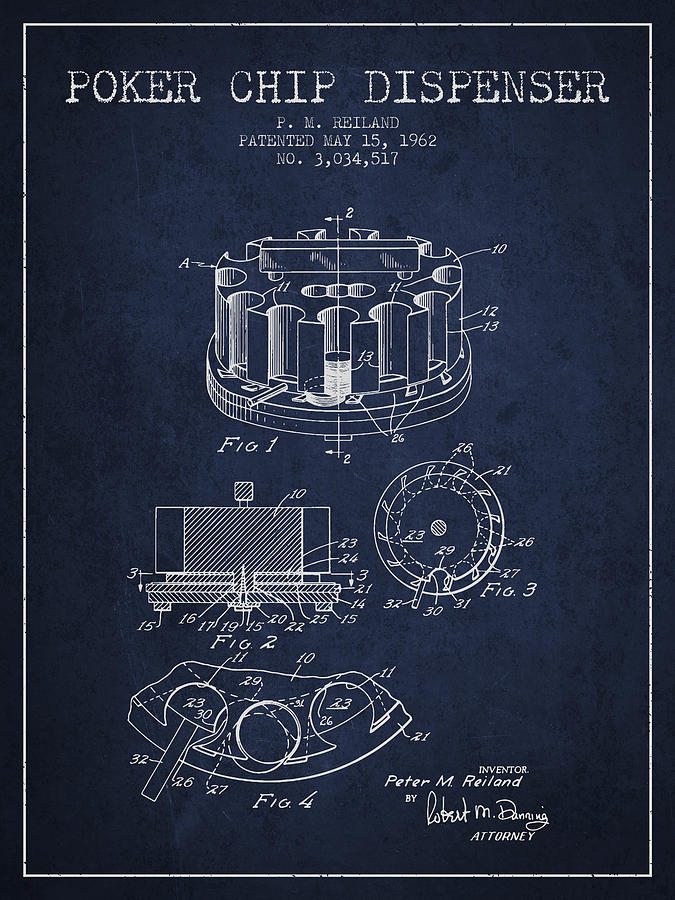 Las Vegas Digital Art - Poker Chip Dispenser Patent from 1962 - Navy Blue by Aged Pixel