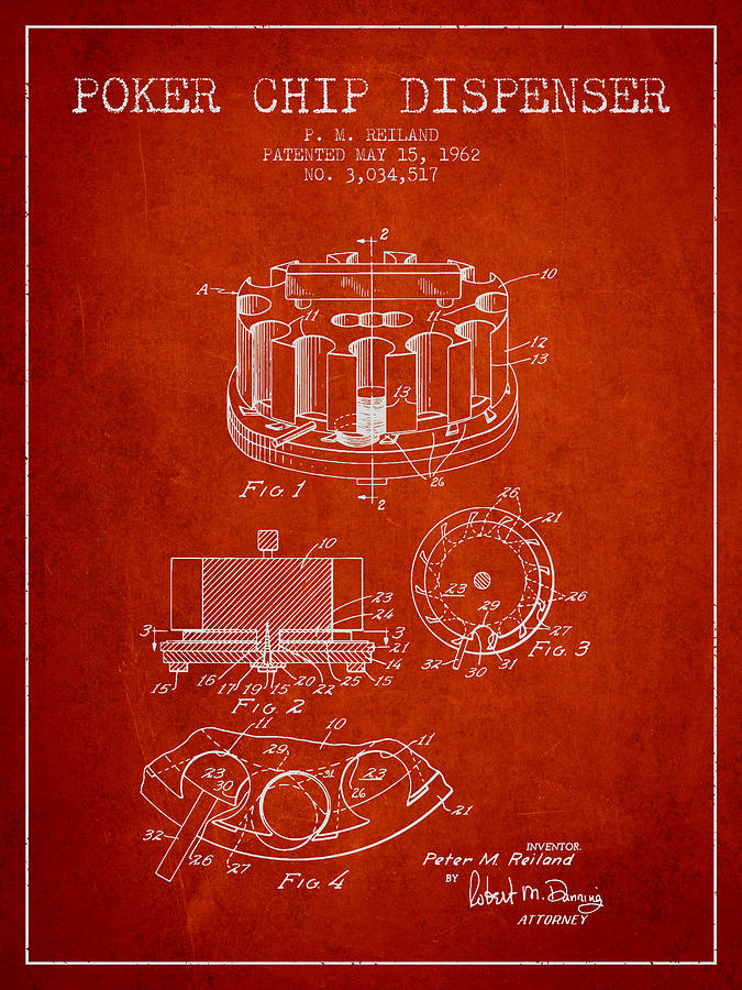 Las Vegas Digital Art - Poker Chip Dispenser Patent from 1962 - Red by Aged Pixel