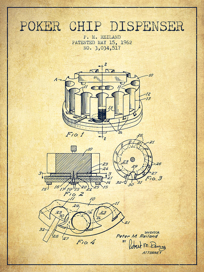 Las Vegas Digital Art - Poker Chip Dispenser Patent from 1962 - Vintage by Aged Pixel