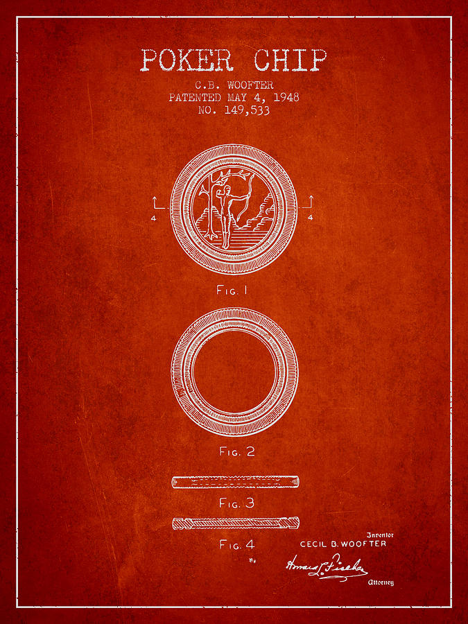 Las Vegas Digital Art - Poker Chip Patent from 1948 - Red by Aged Pixel