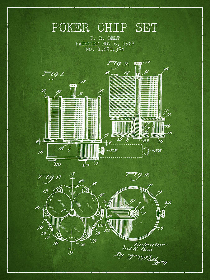 Las Vegas Digital Art - Poker Chip Set Patent from 1928 - Green by Aged Pixel
