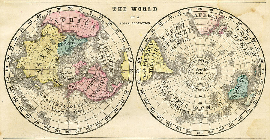 Polar projection of the world map 1856 Drawing by Thepalmer