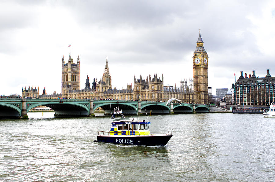 London Photograph - Police boat on the river thames outside parliment by Fizzy Image