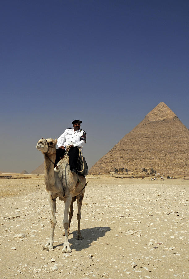 Police officer on a camel in front of Pyramid in Cairo Egypt Photograph by Dray Van Beeck