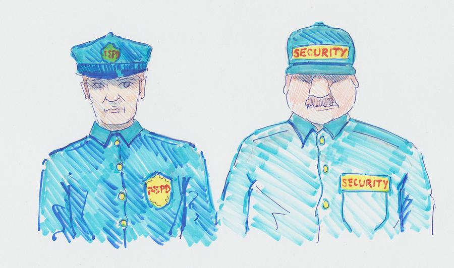 Policeman Security Guard Cartoon Drawing by Mike Jory