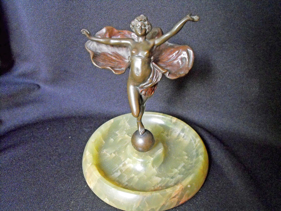 Art Nouveau Sculpture - Polychrome Austrian bronze sculpture of a nude woman standing on globe by Manner of Karl Kauba