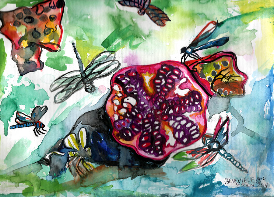 Animal Painting - Pomegranate and Dragonflies by Genevieve Esson