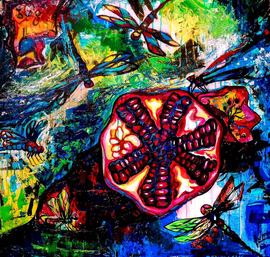 Pomegranate and Six Dragonflies Painting by Genevieve Esson