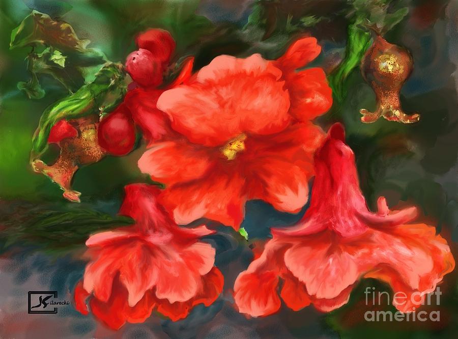 Pomegranate Painting - Pomegranate Blooms Floral Painting by Judy Filarecki