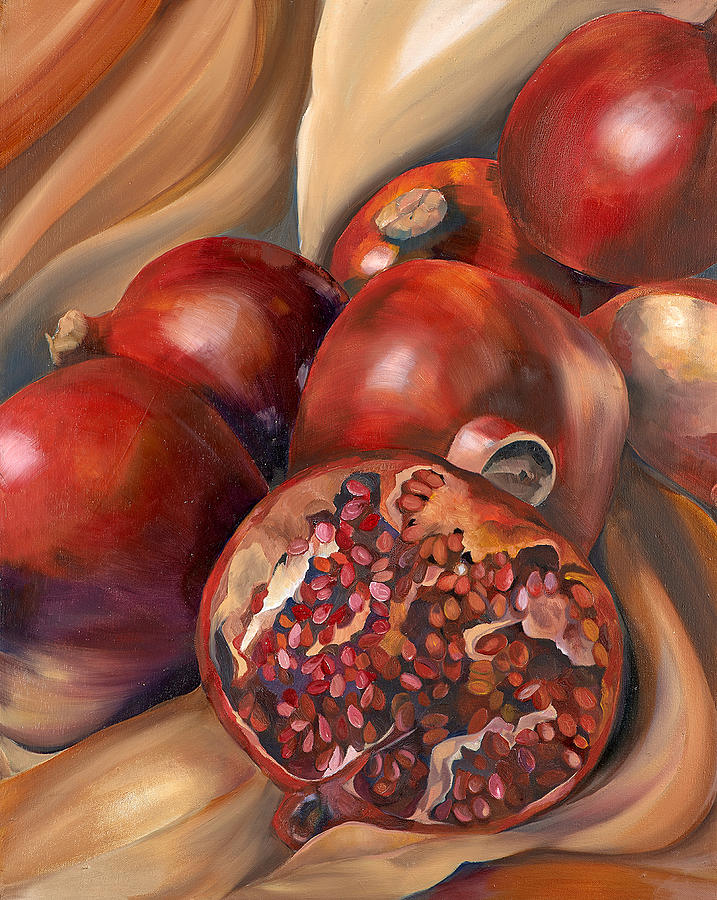 Still Life Painting - Pomegranate on Silk Still Life by Paola T Pileri Hernandez