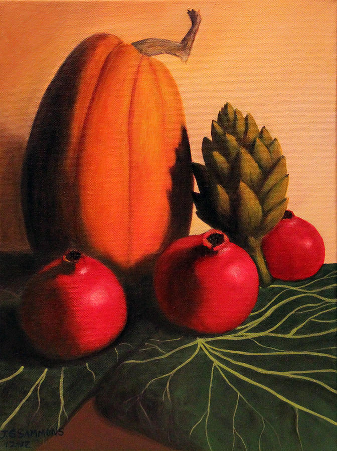 Still Life Painting - Pomegranates on Cabbage Leaves by Janet Greer Sammons