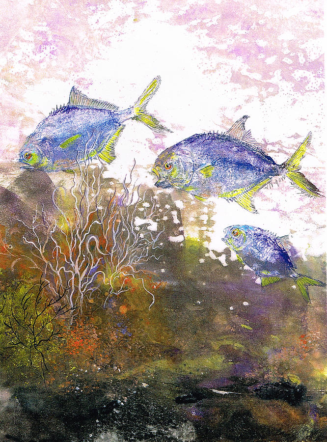 Fish Mixed Media - Pompano Trio_verticle by Nancy Gorr