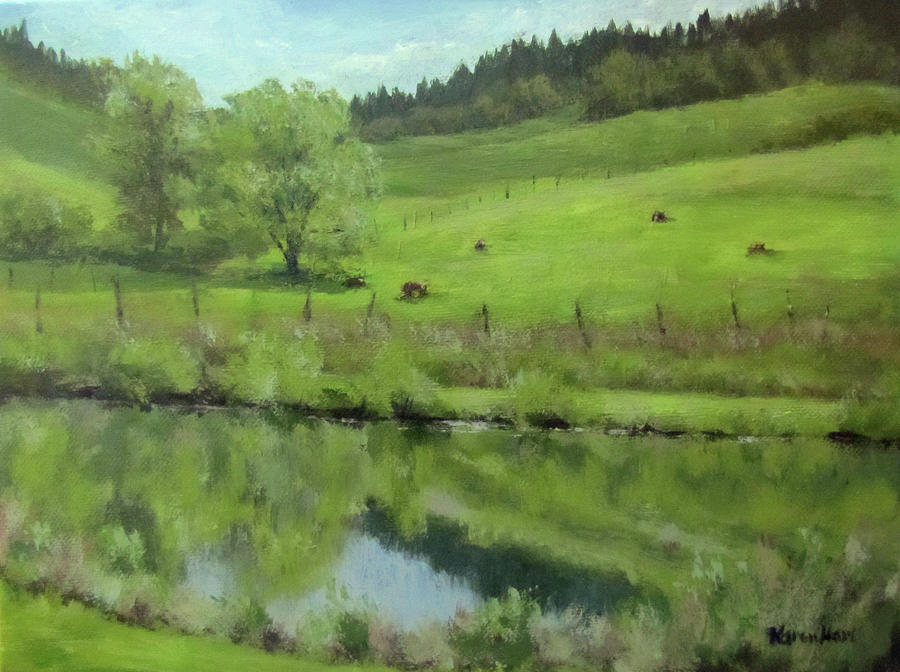 Pond at the Vineyard Painting by Karen Ilari