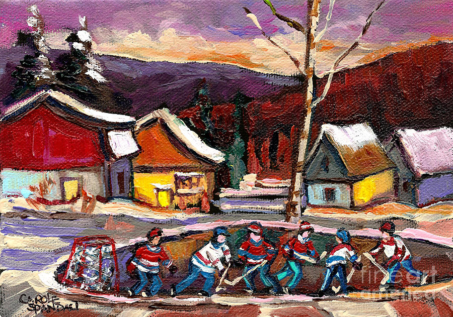 Pond Hockey Birch Tree And Mountain Painting by Carole Spandau