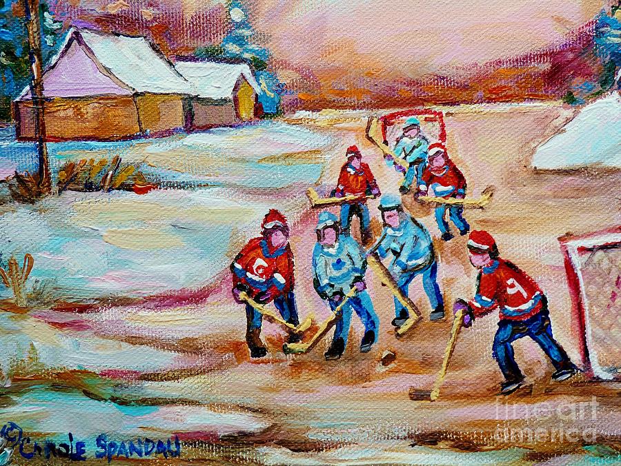 Pond Hockey In The Country On Frozen Pond Canadain Winter Landscapes Carole Spandau Painting by Carole Spandau