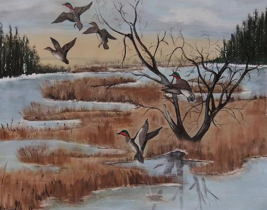 Pond In Fall Painting by Cindy Micklos