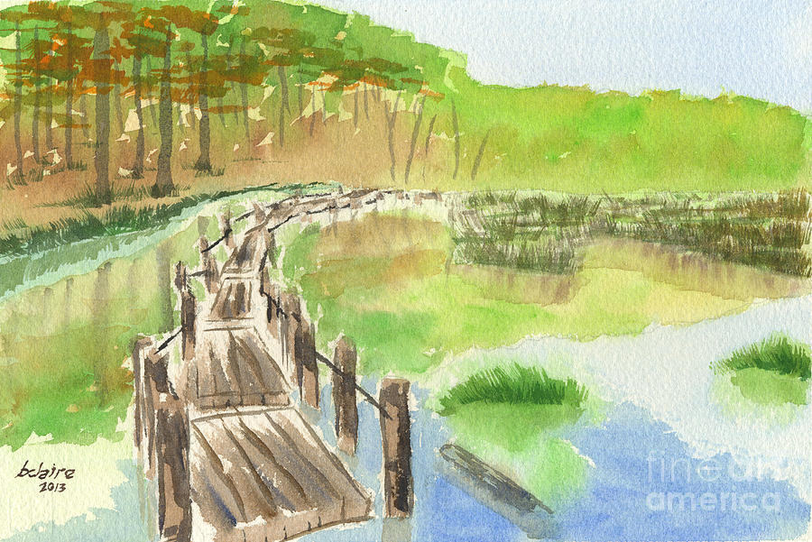 Pond with Rickety Wooden Bridge Painting by Beverly Claire Kaiya