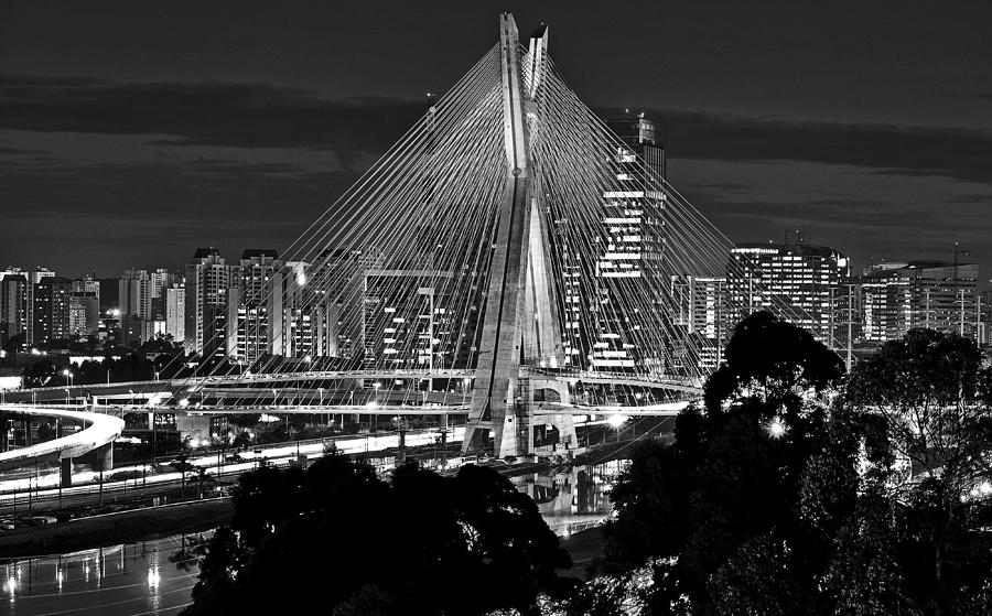 Sao Paulo - Ponte Octavio Frias de Oliveira by Night in Black and White Photograph by Carlos Alkmin