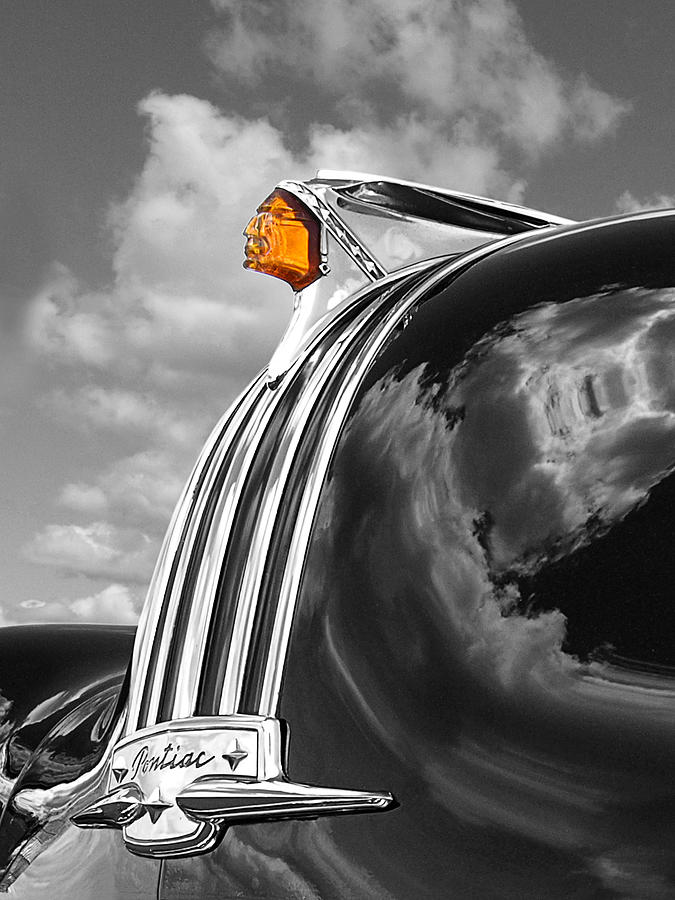 Black And White Photograph - Pontiac Hood Ornament Black and White with Highlight by Gill Billington