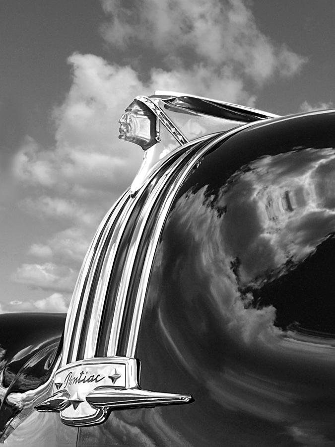 Pontiac Indian Hood Ornament Black and White Photograph by Gill Billington