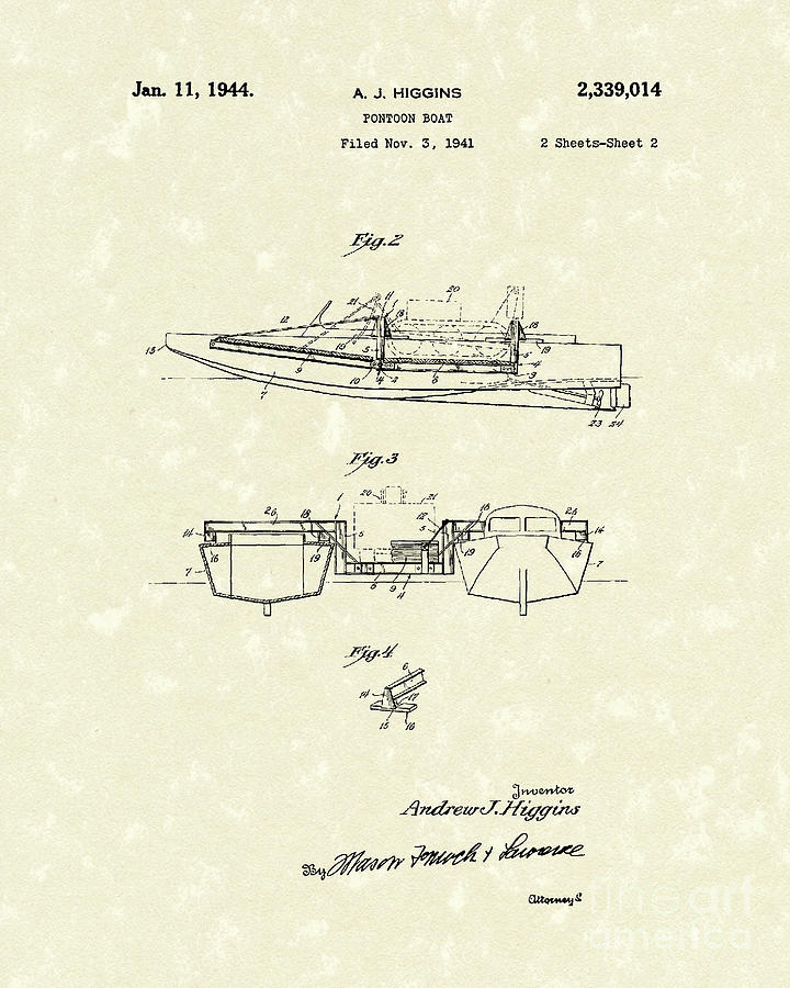 Pontoon Boat 1944 Patent Art Drawing by Prior Art Design