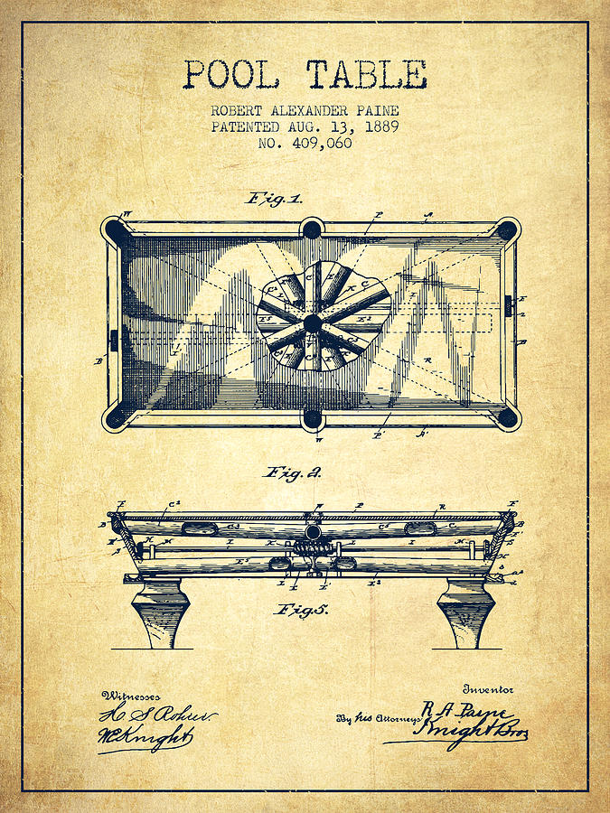 Vintage Digital Art - Pool Table Patent from 1889 - Vintage by Aged Pixel