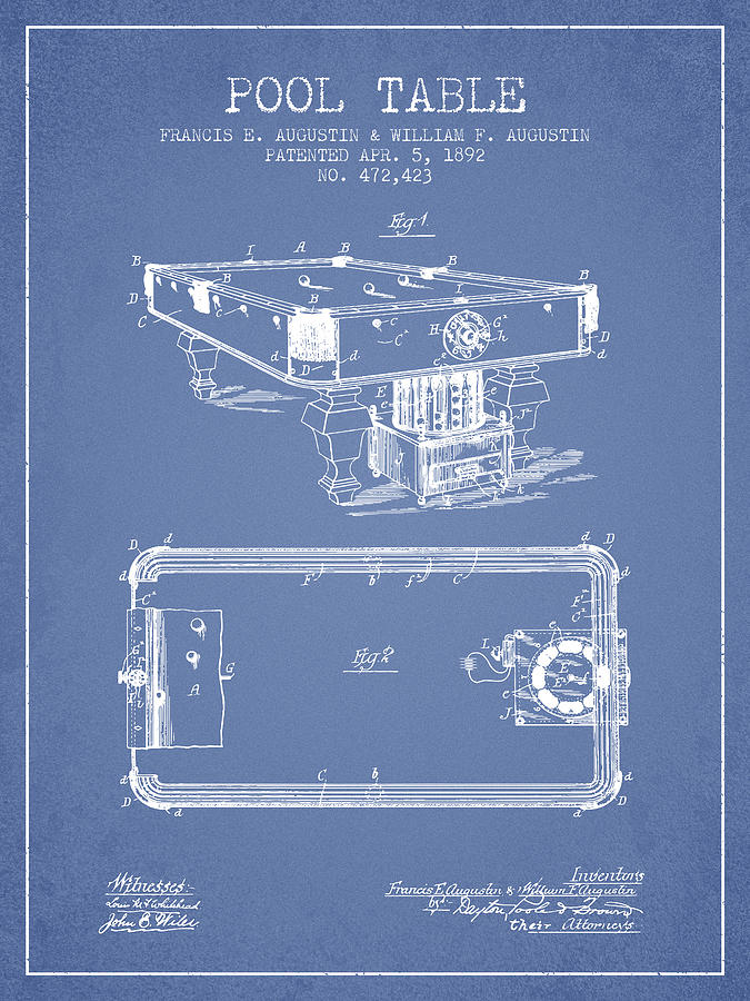 Pool Table Patent From 1892 - Light Blue Digital Art