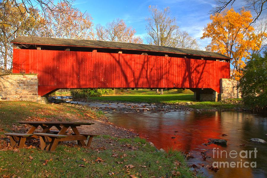 Poole Forge Covered Bridge Reflections In The Conestoga Photograph by Adam Jewell