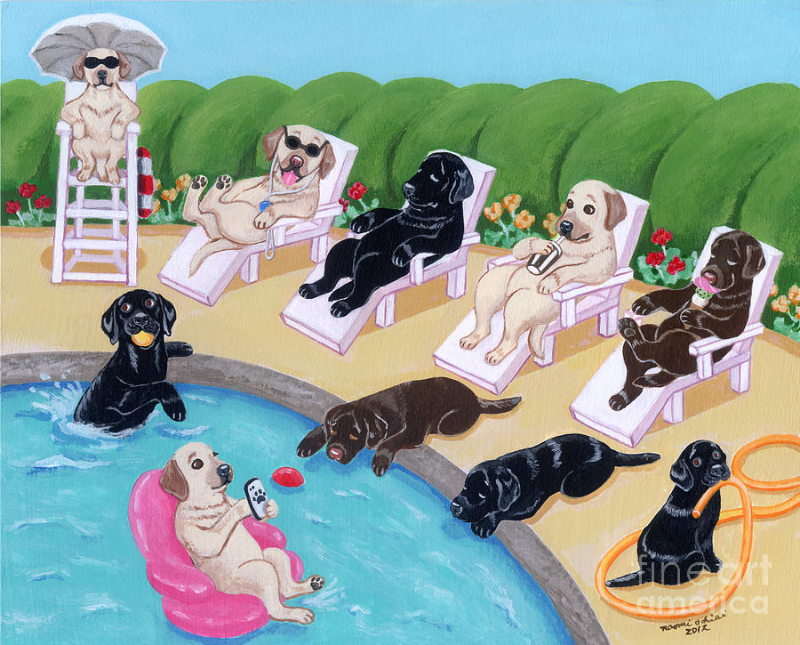 Poolside Party Labaradors Painting by Naomi Ochiai