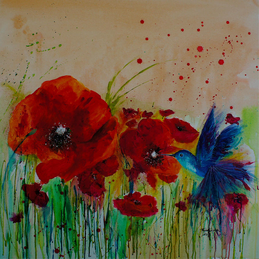 Poppies and a Blue bird Painting by Isabel Salvador