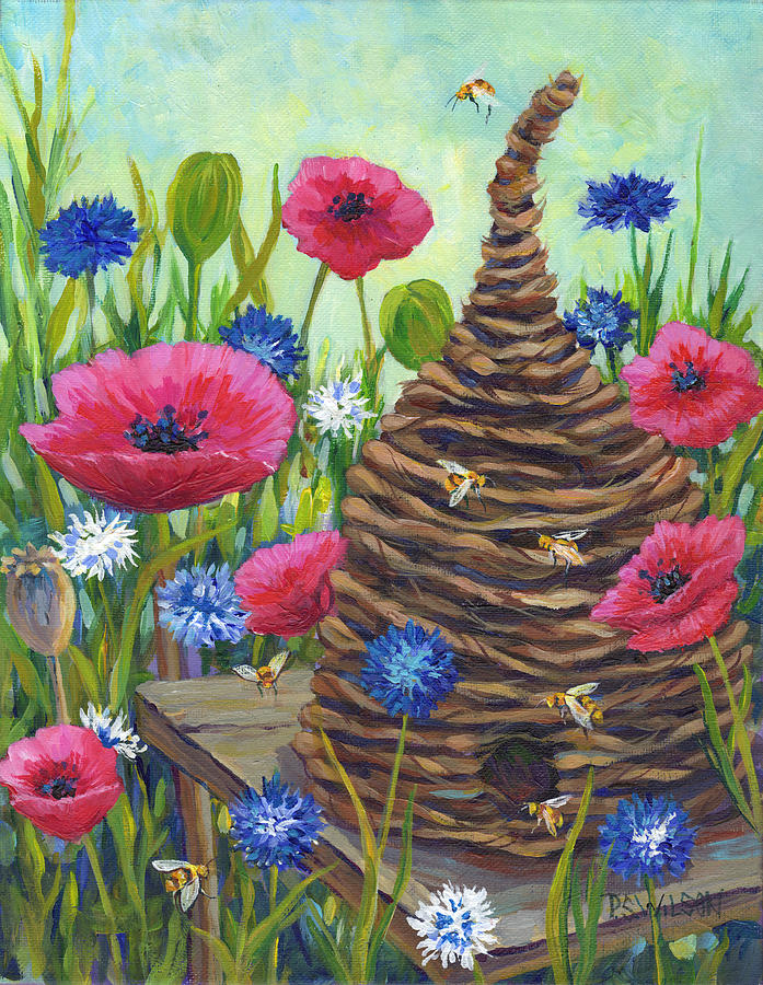 Poppies and Bee Skep Painting by Peggy Wilson