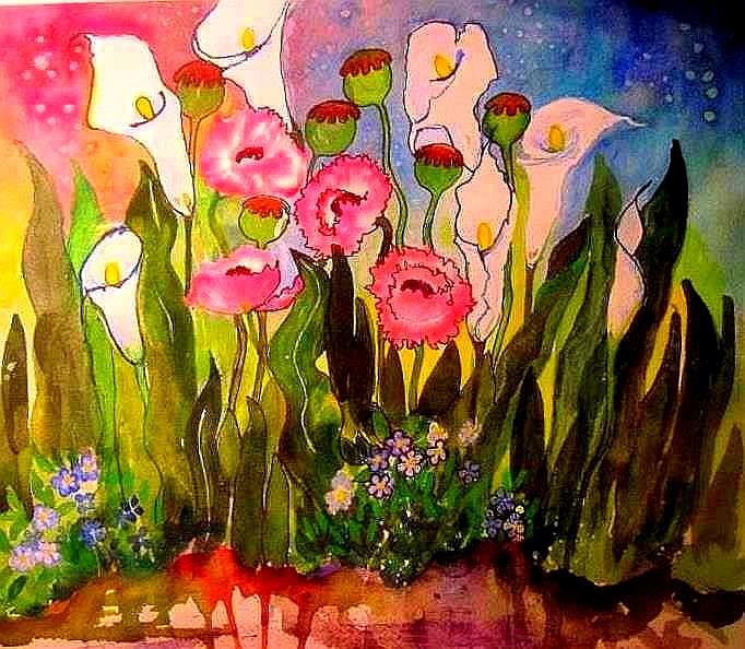 Poppies and Callas Painting by Esther Woods