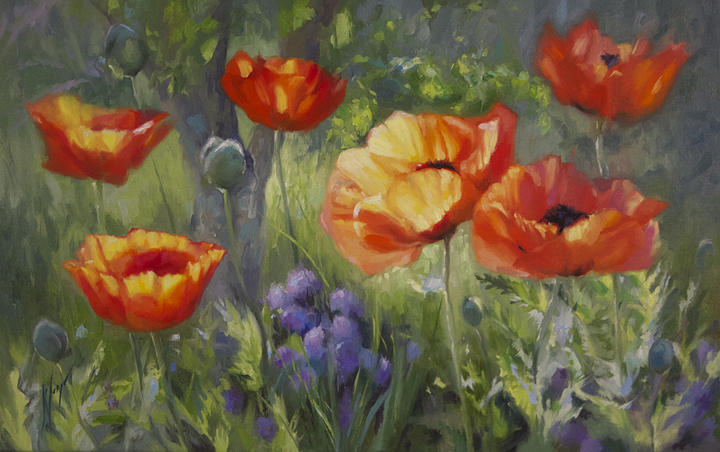 Poppies and Chives Painting by Kathy Cooper - Pixels